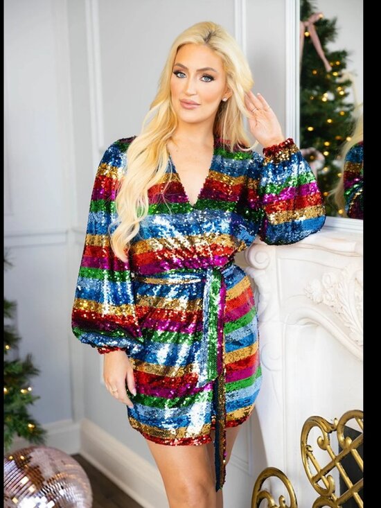 Buddy Love Dresses & Skirts - NWT Buddy Love Adeline Rainbow Stripe Sequin Mini Wrap Dress Sz XL